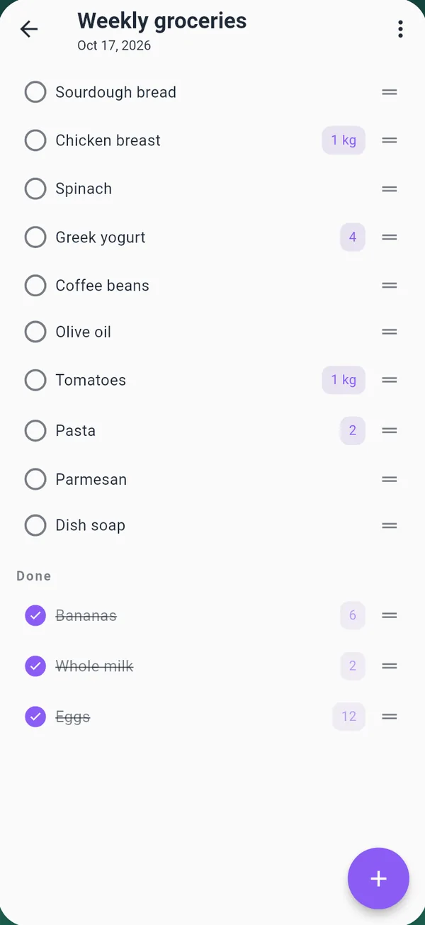 A weekly grocery list with items checked off