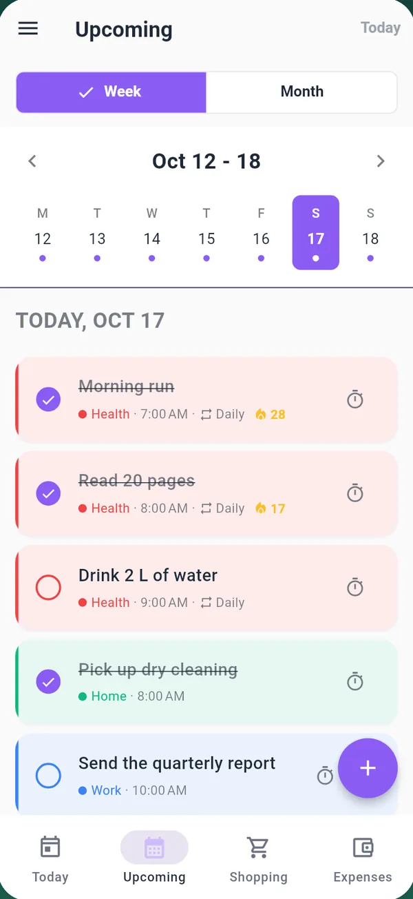 The week view with tasks on each day