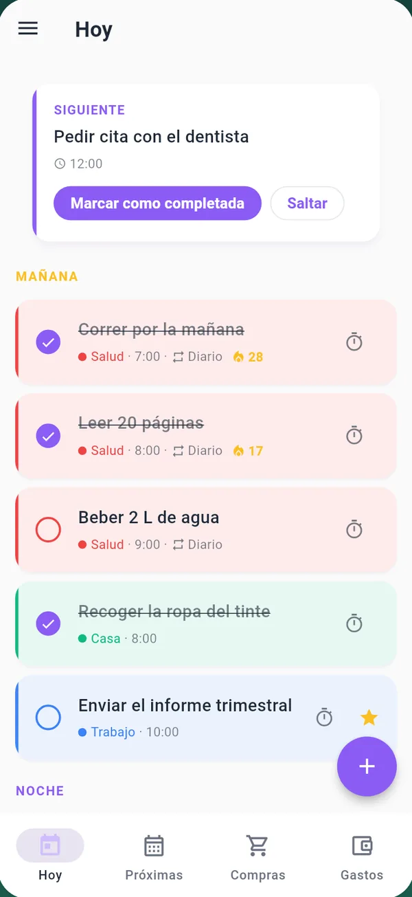 Pantalla Hoy de Todito con las tareas y hábitos del día
