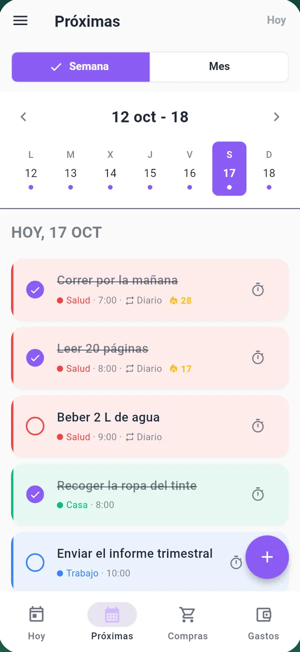 Vista semanal con tareas en cada día