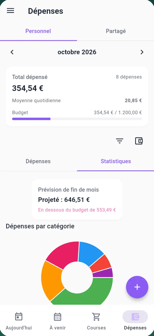 L'analyse des dépenses avec le budget du mois et un graphique par catégorie