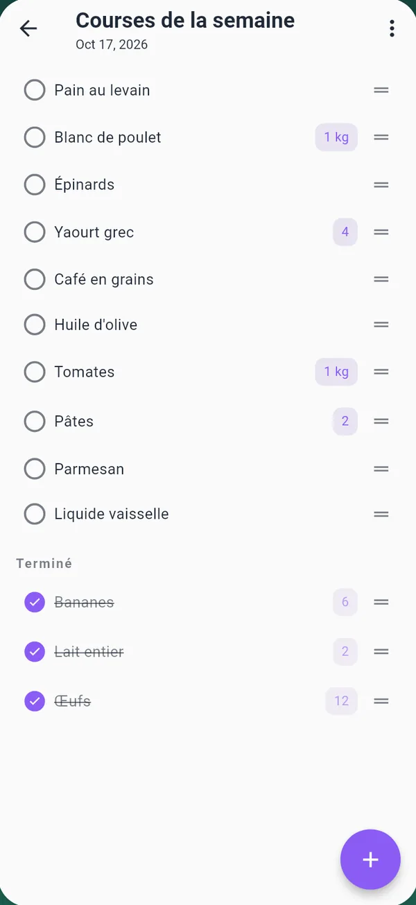 Une liste de courses de la semaine avec des articles cochés