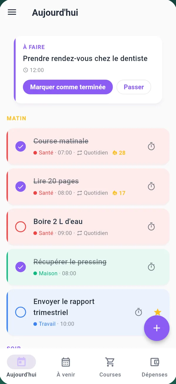 L'écran Aujourd'hui de Todito avec les tâches et habitudes du jour
