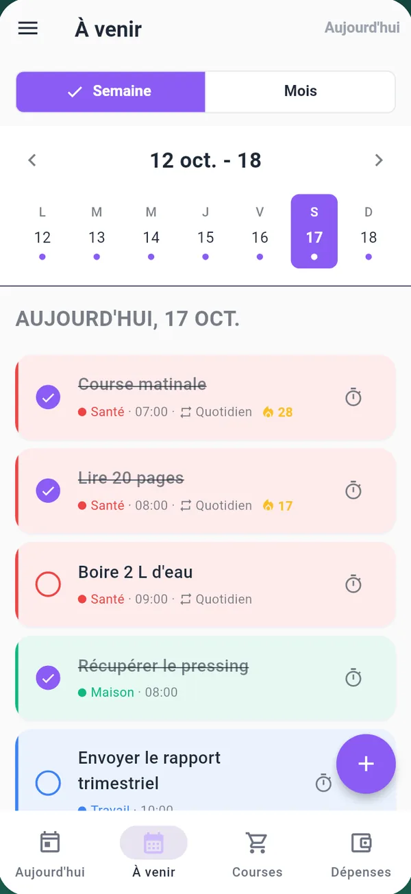 La vue semaine avec des tâches chaque jour